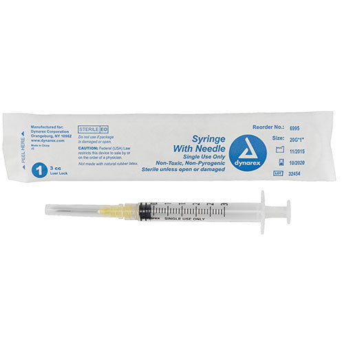 Dynarex Syringes With Needle - 3 cc - 20 G, 1"