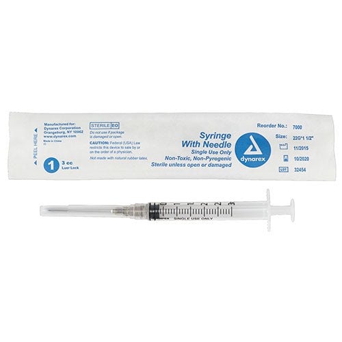 Dynarex Syringes With Needle - 3 cc - 22 G, 1.5"