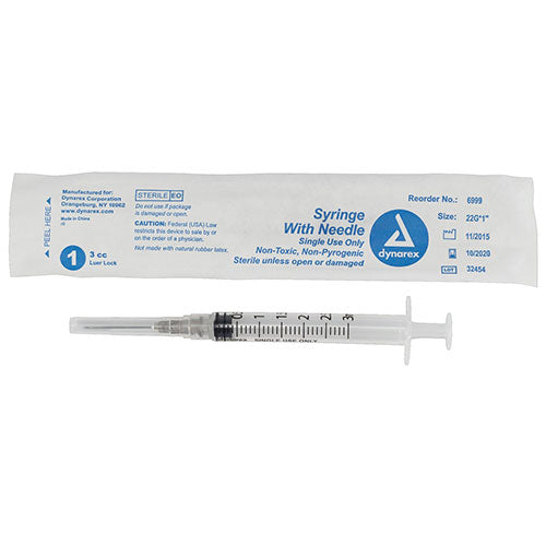 Dynarex Syringes With Needle - 3 cc - 22 G, 1"