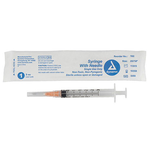Dynarex Syringes With Needle - 3 cc - 25 G, 0.63"