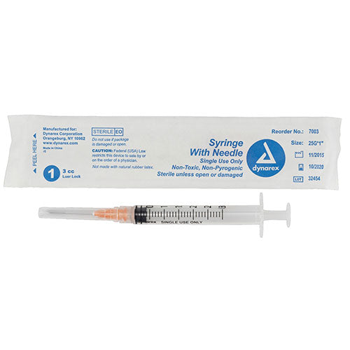 Dynarex Syringes With Needle - 3 cc - 25 G, 1"