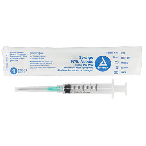 Dynarex Syringes With Needle - 5 cc - 21 G, 1.5"