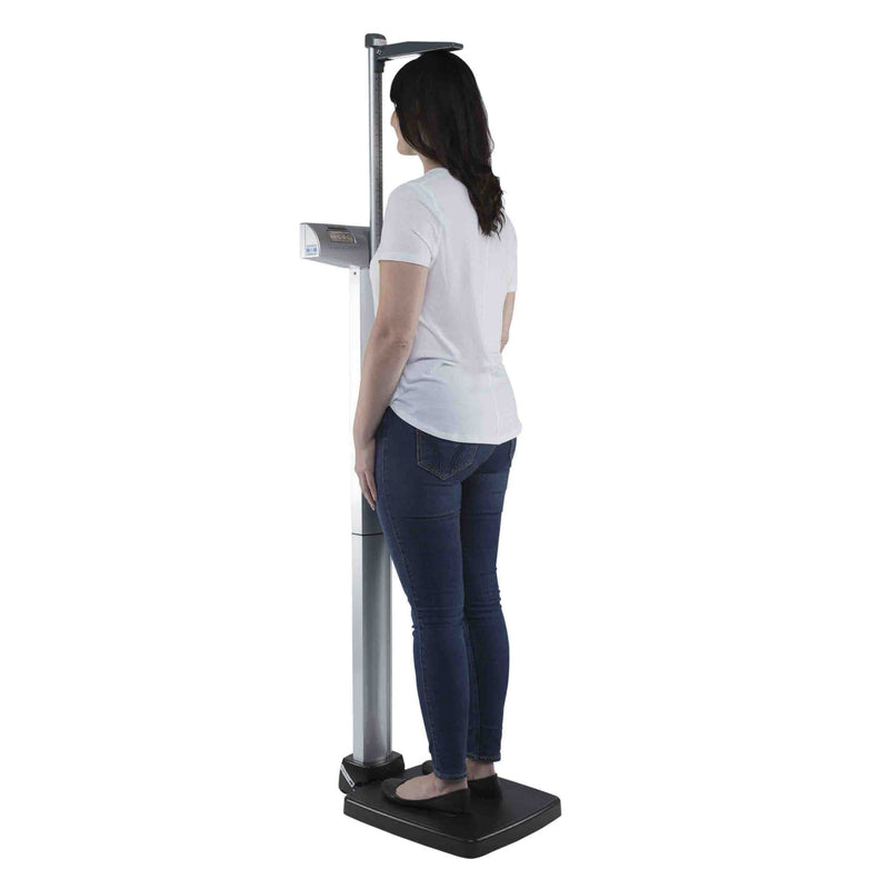 Health o meter 500KL Eye Level Digital Scale with Height Rod, In Use - left side