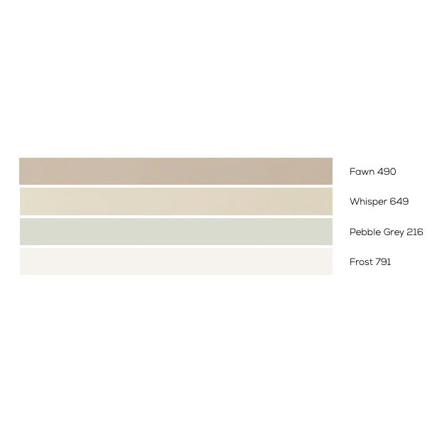 Midmark Synthesis Cabinetry Colors - Fawn (490), Whisper (649), Pebble Grey (216), Frost (791)